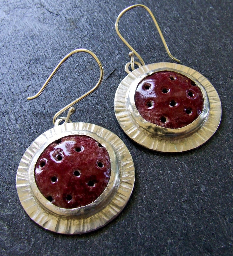 Cranberry Red JETSON EARRINGS Handmade Enamel and Sterling Silver One of a Kind Artisan Jewelry Fine Metal Statement Jewelry Holiday image 3