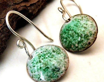 LAST Pair of MINI MINT Copper Enamel Earrings Small Round Discs Green and White on Handmade Sterling Silver Dangly Earwires, Artisan Jewelry