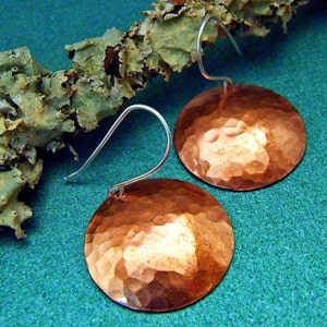 Sexy SATURN Hammered Copper Disc Earrings, 1 inch Handmade Circles on Sterling Silver Dangly Wires Rustic Artisan Jewelry image 2