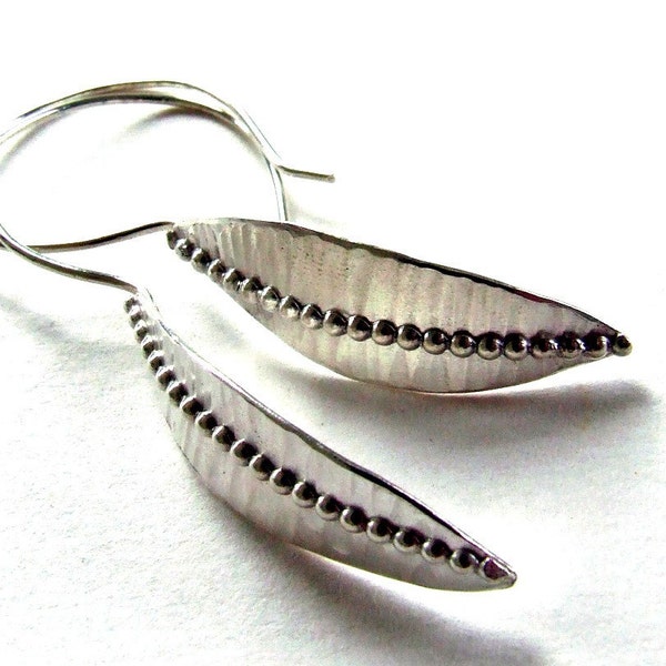 SILVER LEAF EARRINGS - Medium Long Sterling Silver Hammered Handmade Leaf Earrings, Dangly