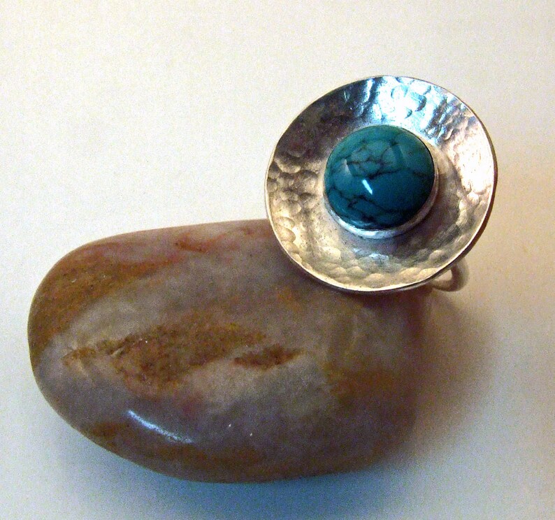 TURQUOISE GEM STONE and Sterling Silver Textured Cocktail Ring One of a Kind Handmade Artisan Fine Metal Jewelry image 3