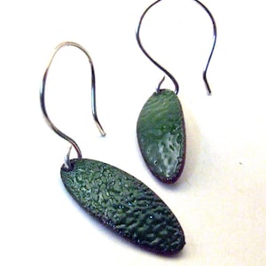 GREEN LEAF - Dangly Copper Enamel Earrings - Small, Oval Leaves on Handmade Sterling Silver Ear Wires - Enameled Nature Jewelry