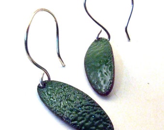 GREEN LEAF - Dangly Copper Enamel Earrings - Small, Oval Leaves on Handmade Sterling Silver Ear Wires - Enameled Nature Jewelry