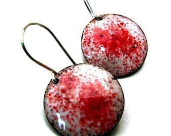 Enamel Earrings RED HOT Crimson Red and White Handmade Copper Enamel Earrings on Sterling Silver Wires, Large Round Dangly Discs