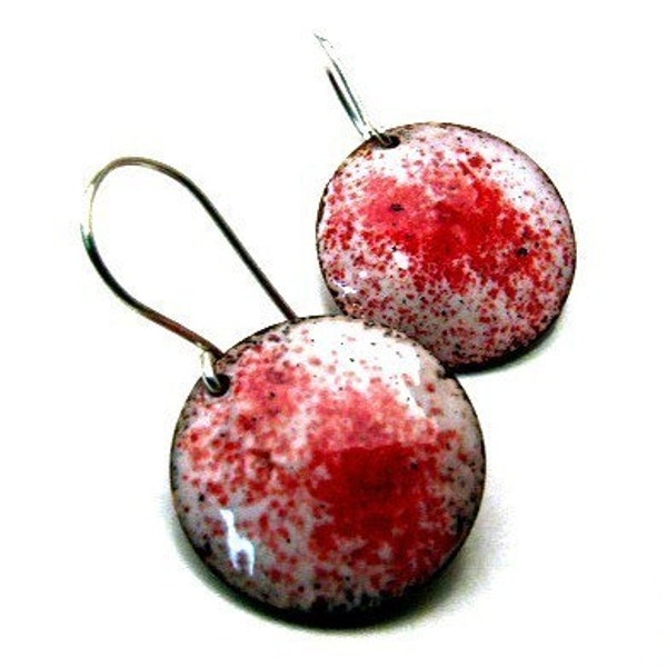 Enamel Earrings RED HOT Crimson Red and White Handmade Copper Enamel Earrings on Sterling Silver Wires, Large Round Dangly Discs