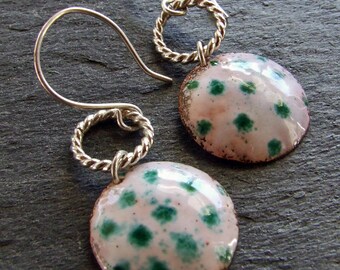 Enamel Earrings Sea Green and White  POLKA Dot Copper and Sterling Silver Braided Hoops Dangly Wires, Handmade OOAK