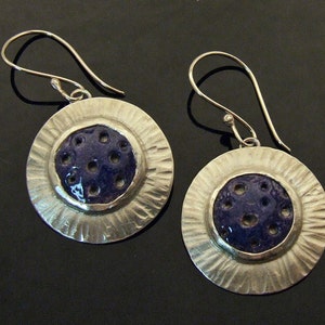Handmade Sterling Silver Enamel Earrings, Eggplant Purple Copper Orbs