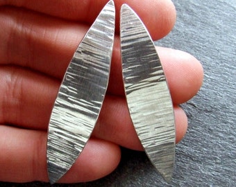 SILVER FEATHER Earrings - Handmade Hammered Sterling Silver, Long Lightweight Artisan Nature Jewelry on Posts