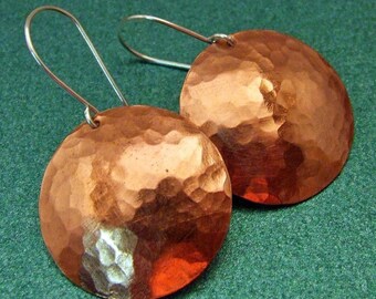 Sexy SATURN Hammered Copper Disc Earrings, 1 inch Handmade Circles on Sterling Silver Dangly Wires - Rustic Artisan Jewelry