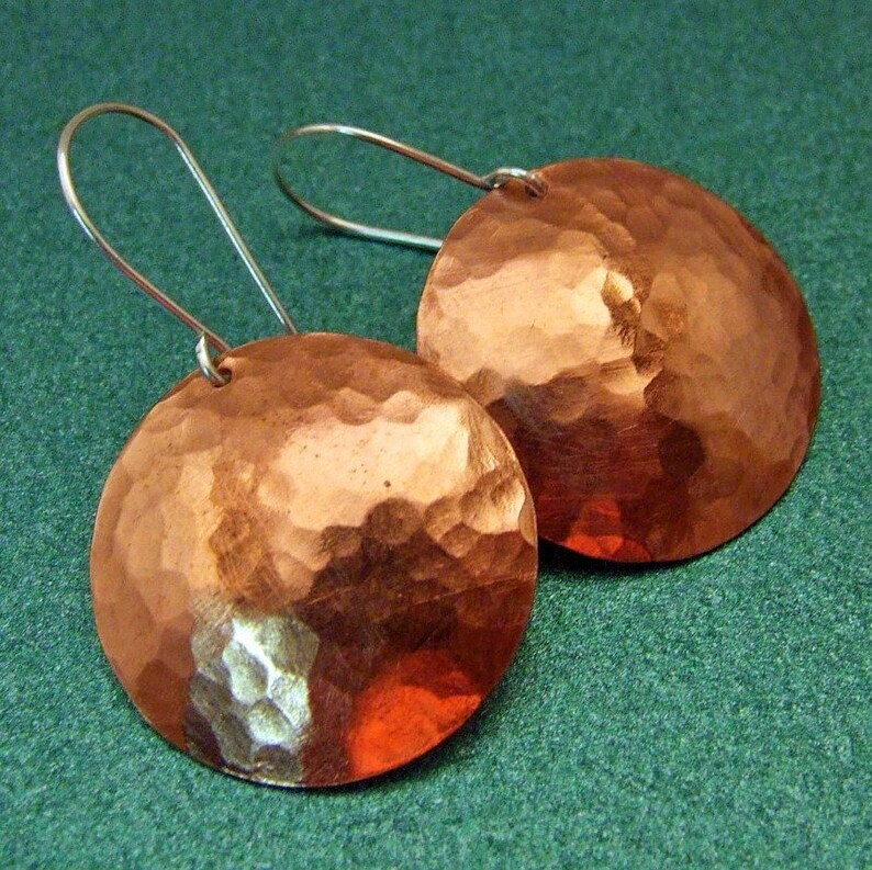 Sexy SATURN Hammered Copper Disc Earrings, 1 inch Handmade Circles on Sterling Silver Dangly Wires Rustic Artisan Jewelry image 1