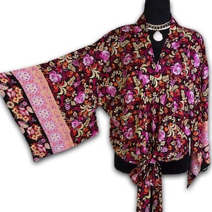 Boho Crop Top - Dark Violet Floral Kimono Wrap Top, Boho Beach Coverup, Festival Top, Tie Front Blouse, Women’s Wrap Top, Gift for Her