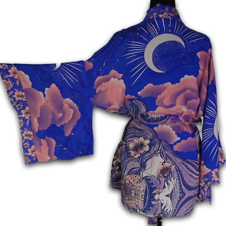 Celestial Purple Stargazer Moon Print Short Boho Kimono Robe, Beach ...