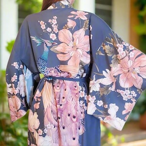 Peacock Kimono Robe, Long Soft Lightweight Silky Blue Floral Robe, Vintage-Inspired Boho Dressing Gown, Beach Coverup, Bridal Gift for Her