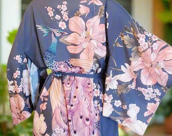 Peacock Kimono Robe, Long Soft Lightweight Silky Blue Floral Robe, Vintage-Inspired Boho Dressing Gown, Beach Coverup, Bridal Gift for Her
