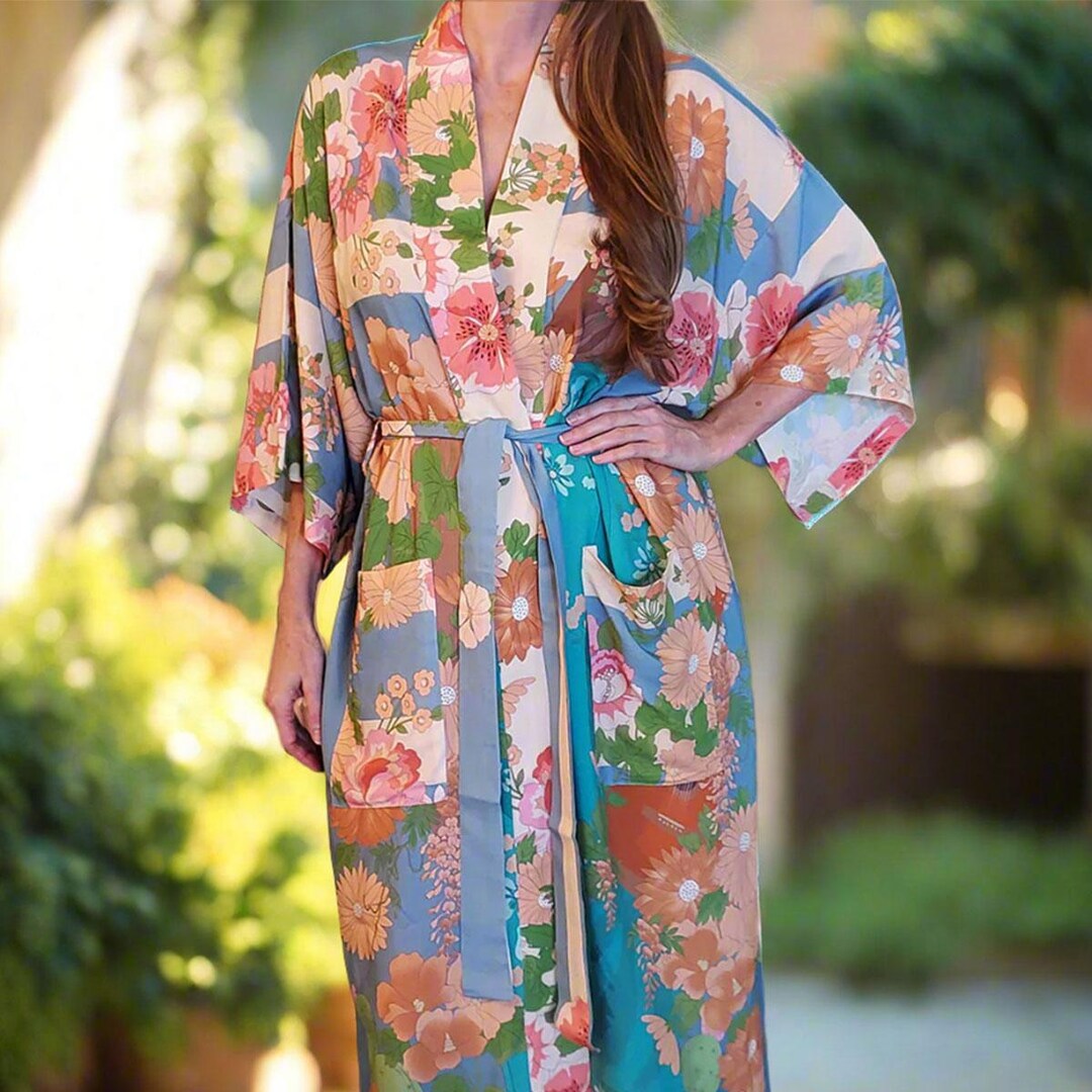Preppy Blue Robe Blue Floral Boho Kimono Robe, Lightweight Beach Coverup, Summer Robe ...