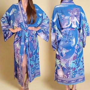 Blue Mermaid Kimono Robe - Boho Beach Coverup, Long Silky Kimono, Swimsuit Coverup, Luxury Dressing Gown, Bohemian Robe, Gift for Her