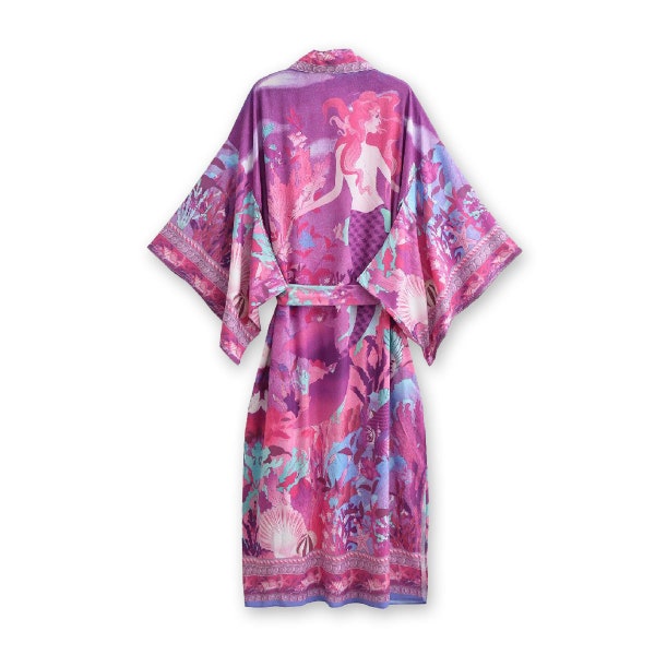 Purple Silky Mermaid Kimono Robe, Luxurious Maxi Length Flowy Bridal Robe, Bridesmaid Gift, Mothers Day Gift, Swimsuit Coverup, Spa Robe