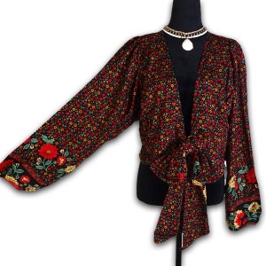 Boho Crop Top, Black Wildflowers Long Sleeve Floral Top, Bohemian Coverup, Women&#39;s Festival Clothing, Boho Beach Blouse, Gift for Her