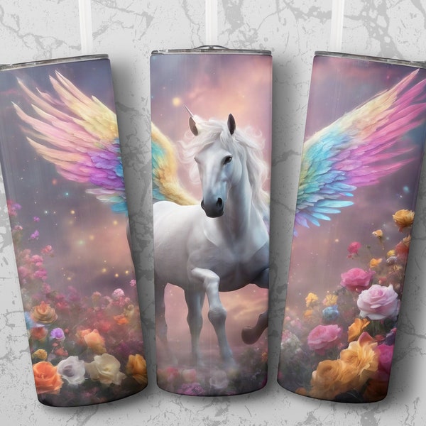 Magical Unicorn with Wings Tumbler, Fantasy Horse Floral Garden Cup, Unique Gift for Mythology Lovers