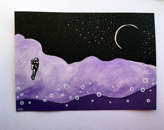 Astronaut rising from bubbly planet, original gilded art