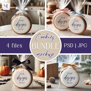 Bundle Cookie Candy Bag Mockup PSD, Sugar Cookies Toppers Mock up, Set Four Biscuit Wraps Mockup, Dessert Mockup Cookie Icing PSD Template