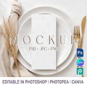 May include: A vertical rectangular menu mockup card centered on a white plate, accompanied by a beige linen napkin, a gold fork, and a gold knife. The card features the text MOCKUP, PSD + JPG + PNG, and is editable in Photoshop, Photopea, and Canva.