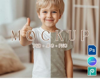 Kids T-Shirt Mockup, Boy White Tee Template, Fashion Clothing All-Over Print Shirt PSD PNG