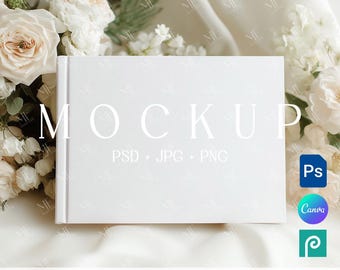 Mockup di album fotografico orizzontale Canva, mockup di album con copertina rigida PSD PNG, mockup di album fotografico per matrimoni, mockup di libro degli ospiti, mockup di diario paesaggistico