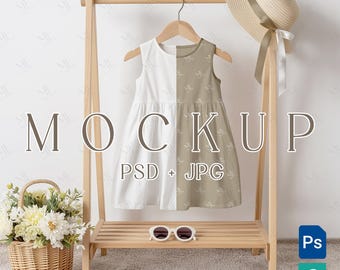 Girl Summer Dress Mockup, Kids Clothing Mockup, All Over Print Toddler Dresses Template Outfit