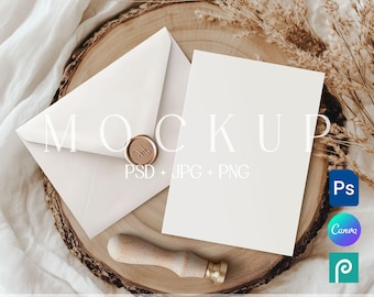 Wedding Invite Mockup Canva PSD, 5x7 Greeting Card Template, Boho Invitation Postcard Flatlay Mockup