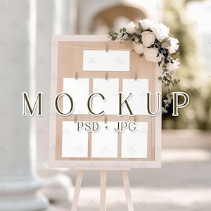 Mockup bruiloft tafelkaart, elegante plaatskaart PSD, mockup bordje op schildersezel, sjabloon voor spandoekkaarten evenement PSD-mockup