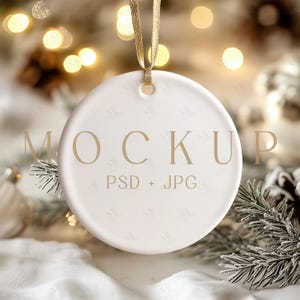 Ceramic Round Ornament Mockup PSD, Christmas Ornament Mock-up, Holiday Gift Circle Ornament Template, Blank White Ceramic Decoration Mockup
