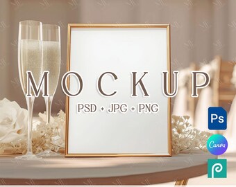 Bar Menu Sign Mockup, Wedding Table Sign Mockups, 8x10 Gold Frame Canva PSD Template