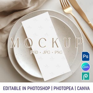 Mockup de Cardápio Minimalista Boho 4x9, Programa de Casamento ou Cardápio de Jantar em PSD, Modelo de Cartão de Lugar no Canva, Mockup de Cartão de Mesa para Evento de Aniversário em PNG