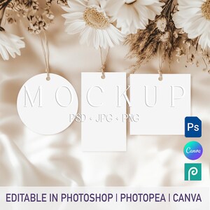 Boho タグ モックアップ セット、円形、正方形、長方形のギフトラベル PSD PNG Canva テンプレート