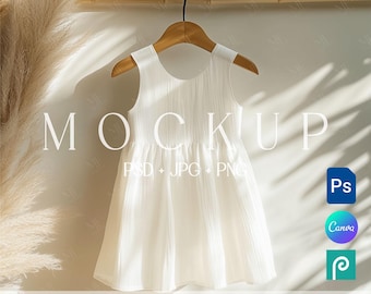 Kids Dress Mockup Toddler Baby Girl Clothing, Summer Linen Textile Photopea Canva Mockup