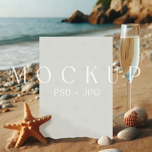 Mockup uitnodigingskaart, strandthema wenskaartmodel, oceaan bruiloft uitnodigingskaart, cocktailmenukaart PSD slim object, zee zomer 5 x 7 mock-up