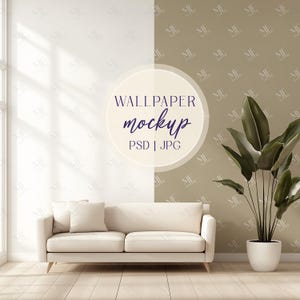 Minimalist Wallpaper Mockup for Living Room Pattern, Boho Wall Mural Mockup PSD, Interior Wall Display, Modern Room Wallpaper PSD Template