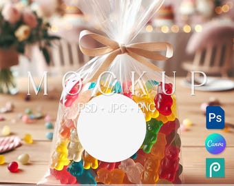 Candy Label Mockup PSD, Kids Birthday Baby Shower Sticker Template, Wedding Treat Tag Canva