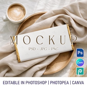 May include: A white chocolate bar mockup with gold foil edges, labelled "MOCKUP" and "PSD + JPG + PNG". The image includes a cup of coffee, a wooden tray, and soft fabric. Icons for Photoshop, Canva, and Photopea are also visible.