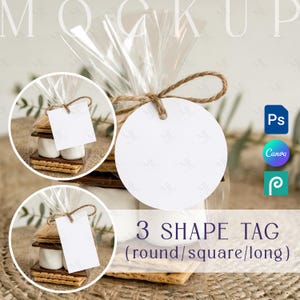 May include: A mockup image featuring a clear cellophane-wrapped treat, tied with twine, and a blank white tag. The image includes a round tag and two square tags. Text on the image reads "3 SHAPE TAG (round/square/long)".
