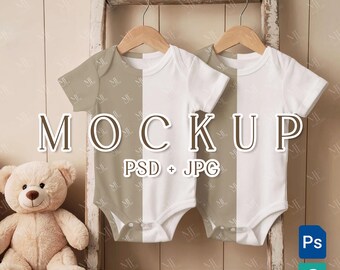 Baby Bodysuit Mockup, Neutral Onesie Set Newborn Clothing PSD, Baby Shower Outfit Template