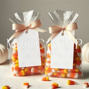 Mockup di etichetta per caramelle di Halloween, etichette per dolcetti di Halloween 2x3,5, mockup di due etichette rettangolari in formato PSD, mockup di etichetta per bomboniere di dolci di Halloween