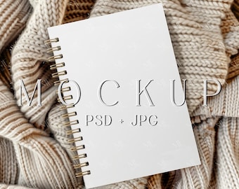 Spiral Notebook Mockup, A5 Journal Mock up, Blank Planner Boho Notebook Cover Template PSD