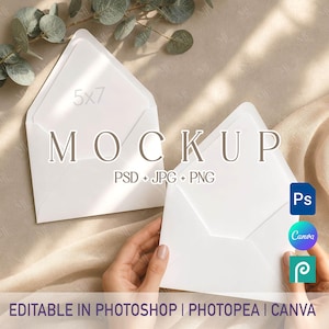 May include: Two white envelopes with open flaps, each containing a 5x7 card. The image includes text overlays reading 5x7, MOCKUP, PSD + JPG + PNG, and editable in Photoshop and Photopea, alongside icons for Photoshop, Canva, and Photopea software.