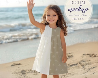 Girl Summer Dress Mockup PSD, Girl Dress Mockup, All-Over Print Dress Mockup, Clothing Mockup Display, Realistic Little Kids Outfit Mockup