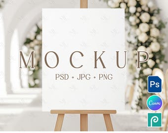 Maquetas de letreros para bodas, carteles de bienvenida y planos de asientos en formato PSD para Canva, maquetas de letreros tipo caballete.