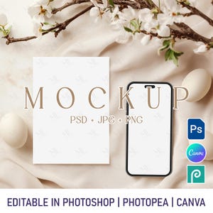 Mockup de cartão de telefone, iPhone e mockup de cartão de convite, mockup de cartão de felicitações para smartphone, mockup de convite de telefone de Páscoa, cartão digital Canva e PSD