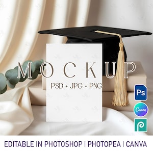 May include: A graduation cap with a gold tassel rests on a stack of books, next to a white card with the word "MOCKUP" and "PSD + JPG + PNG" printed on it. The image also includes the text "EDITABLE IN PHOTOSHOP | PHOTOPEA | CANVA".