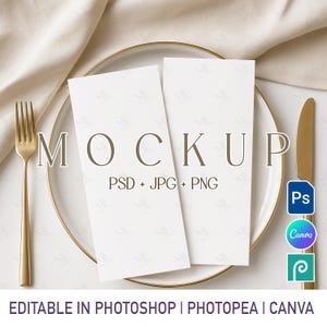 May include: Two vertical white rectangular menu cards placed on a round white plate with a gold rim. A gold fork is on the left and a gold knife is on the right. The cards feature the text MOCKUP, PSD + JPG + PNG, and editable software icons.